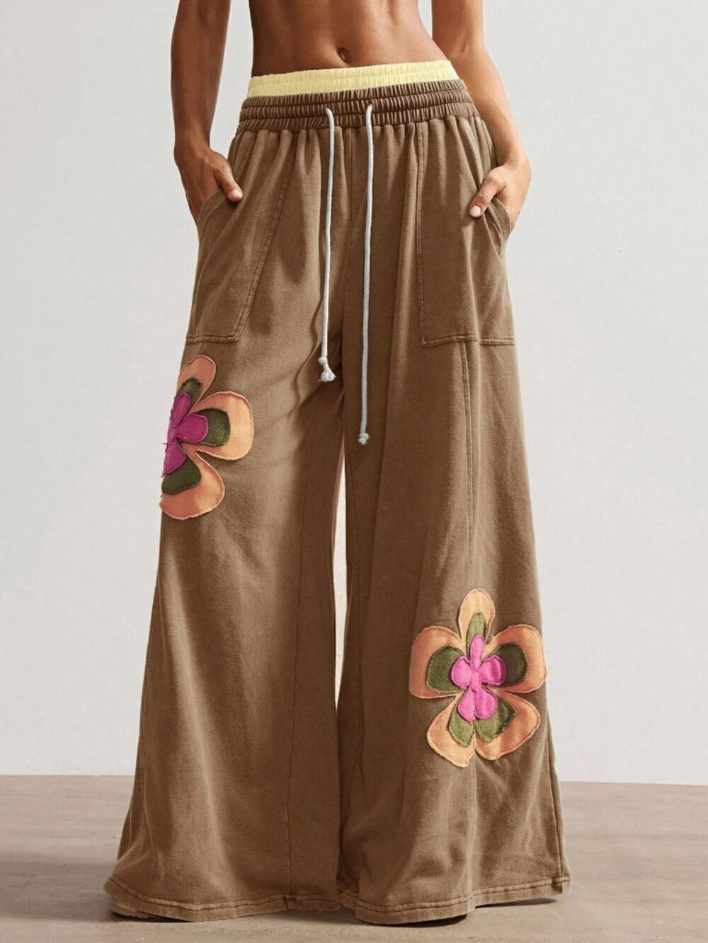 Brown Casual Women's Knit Patchwork Loose Wide Leg Pants
